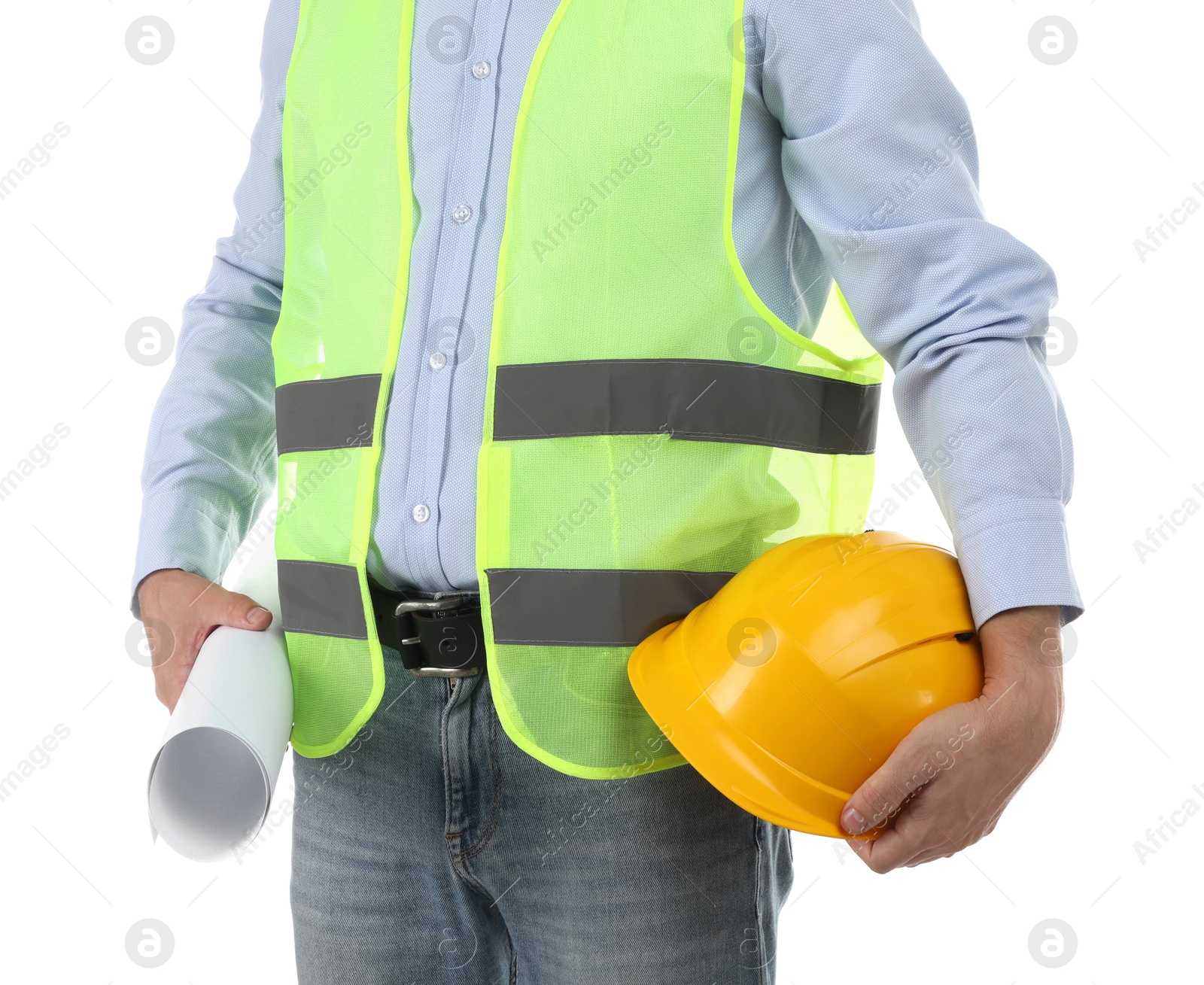 Photo of Engineer with hard hat and draft on white background, closeup