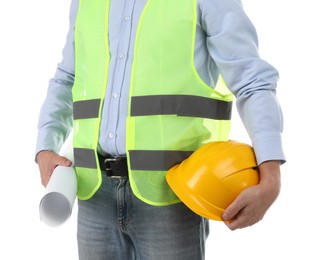 Photo of Engineer with hard hat and draft on white background, closeup