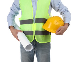 Photo of Engineer with hard hat and draft on white background, closeup