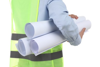 Photo of Engineer with drafts on white background, closeup