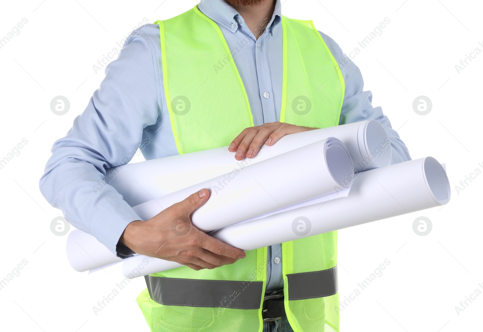 Photo of Engineer with drafts on white background, closeup