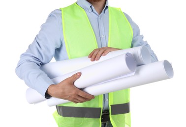 Engineer with drafts on white background, closeup