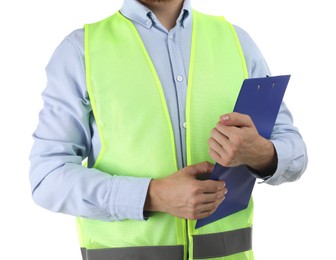 Photo of Engineer with clipboard on white background, closeup