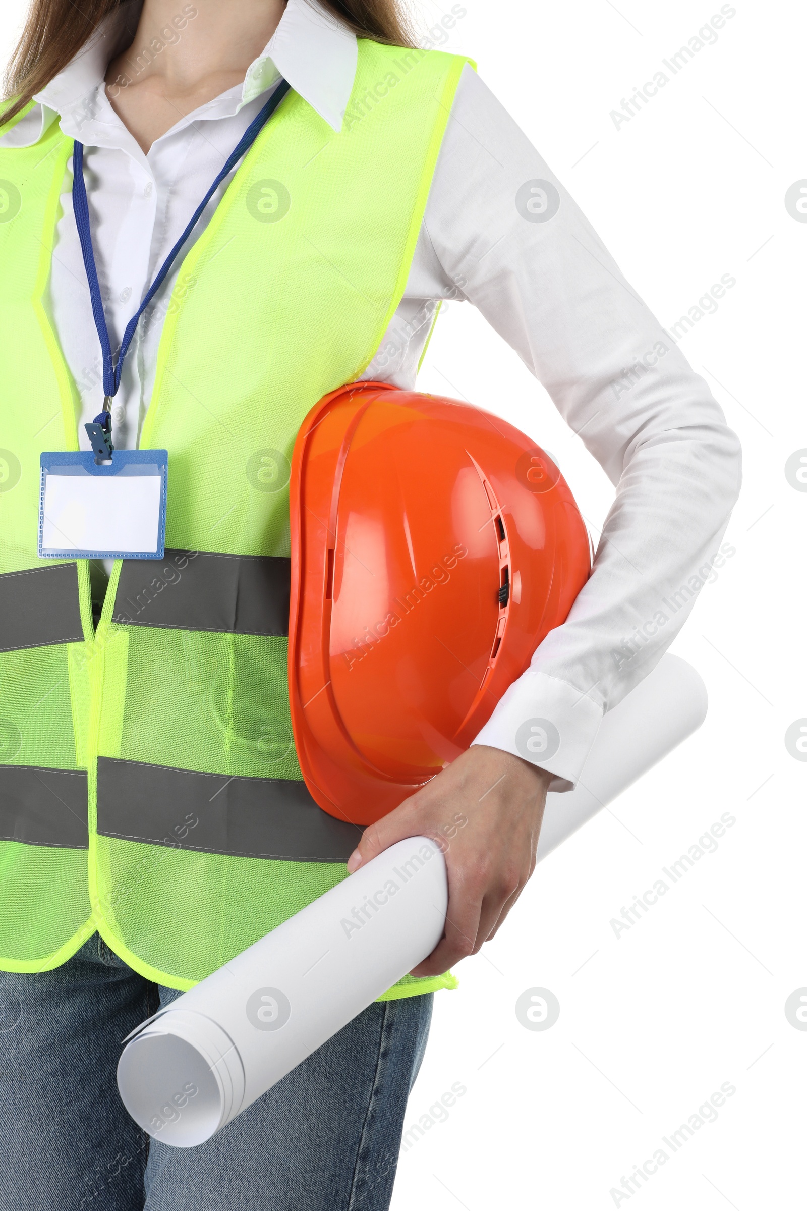 Photo of Engineer with hard hat and draft on white background, closeup