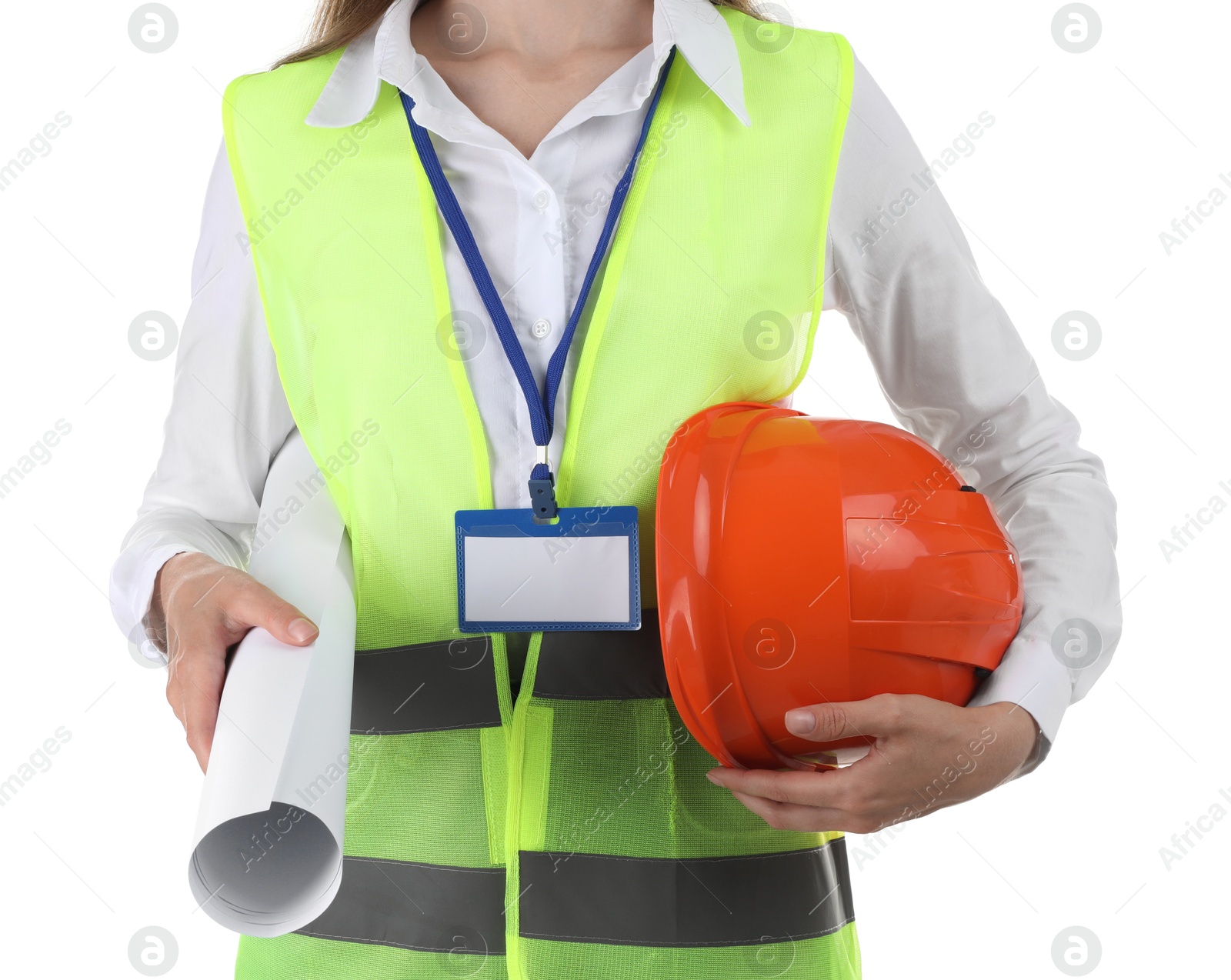 Photo of Engineer with hard hat and draft on white background, closeup