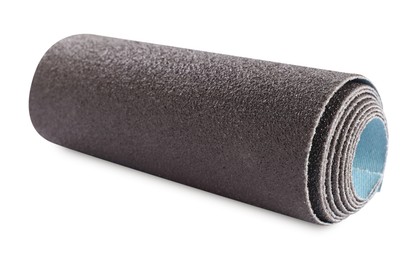 Photo of Rolled sheet of sandpaper isolated on white