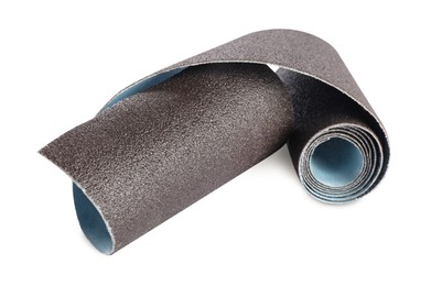 Photo of Rolled sheet of sandpaper isolated on white