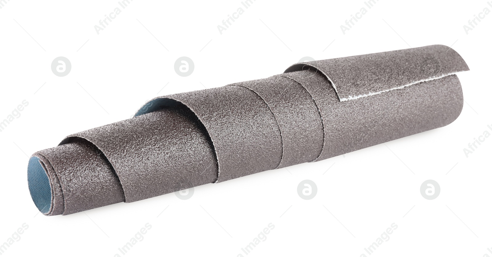 Photo of Rolled sheet of sandpaper isolated on white