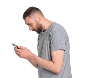 Photo of Man with poor posture using smartphone on white background