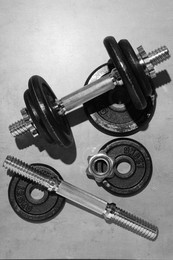 Photo of Barbell and parts of one on grey floor, flat lay