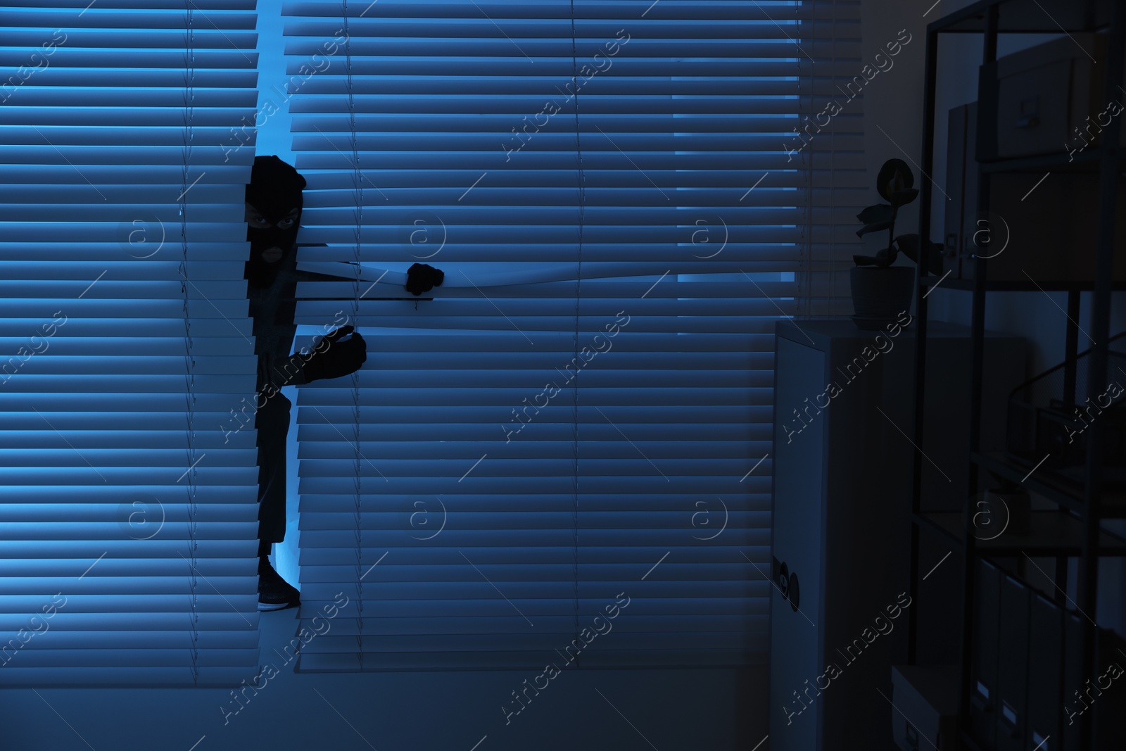 Photo of Thief looking out of blinds at night. Burglary