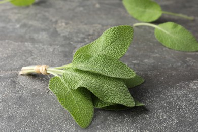 Photo of Bunch of green sage leaves on grey textured table, closeup