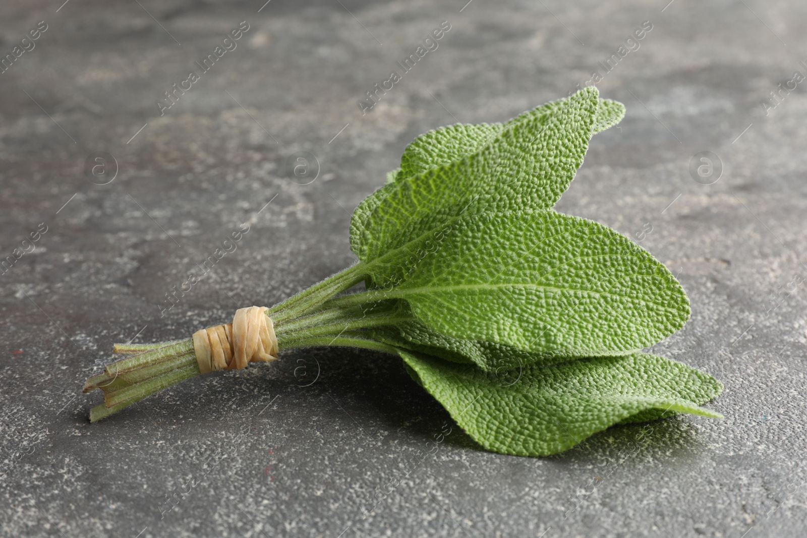 Photo of Bunch of green sage leaves on grey textured table, closeup