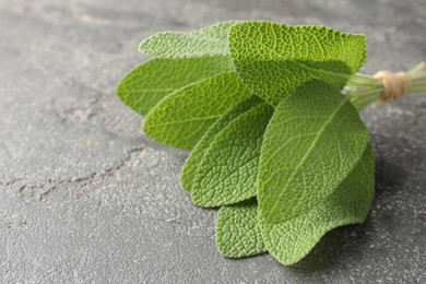 Photo of Bunch of green sage leaves on grey textured table, closeup. Space for text