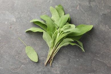 Photo of Green sage leaves on grey textured table, top view