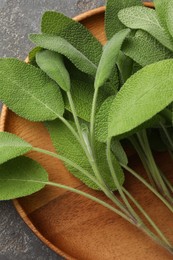 Photo of Green sage leaves on grey textured table, top view