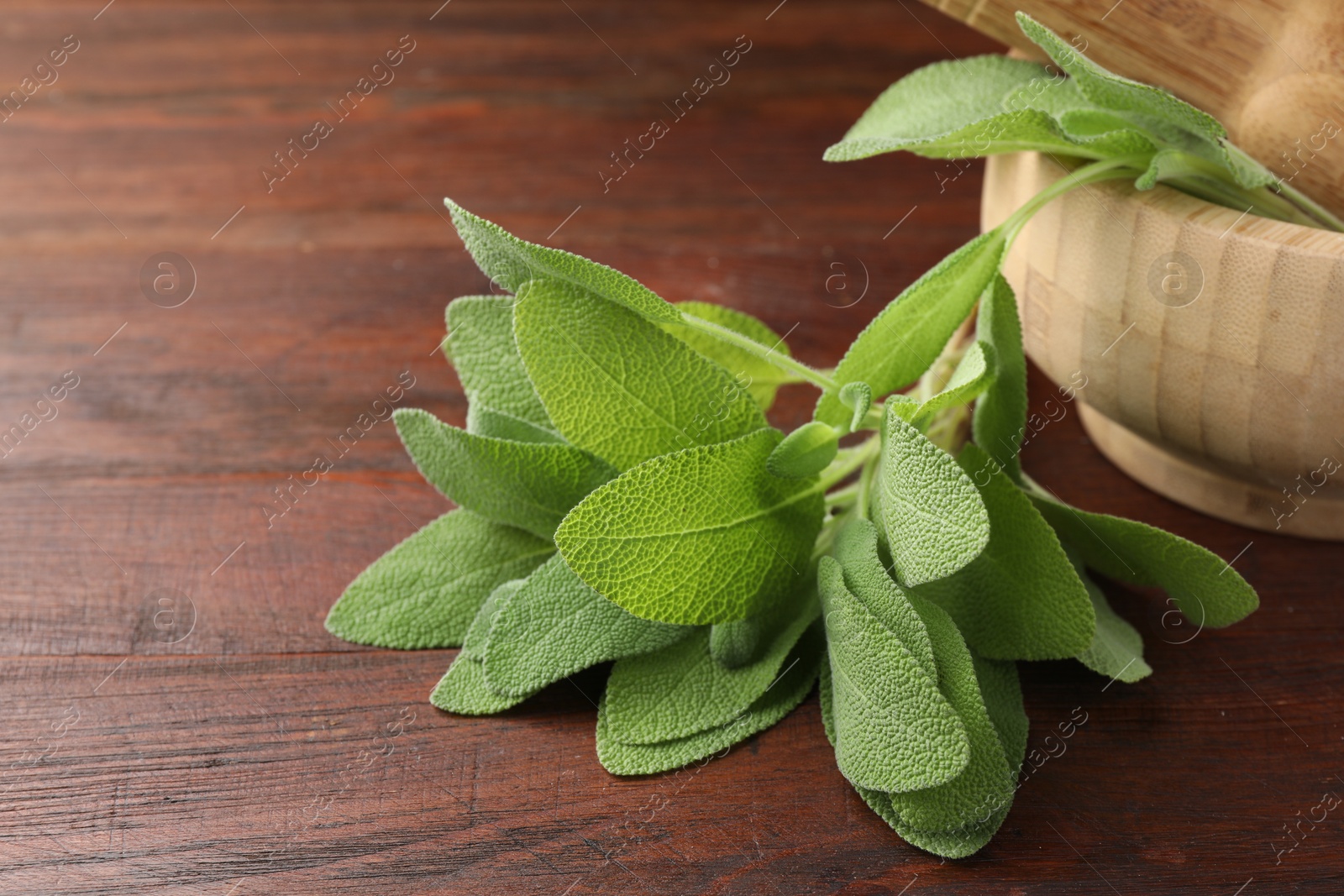 Photo of Green sage leaves on wooden table, closeup