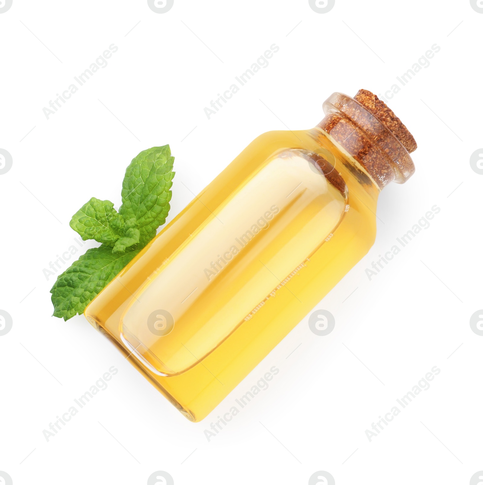 Photo of Bottle of essential oil and mint isolated on white, top view