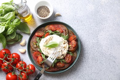 Delicious fresh burrata salad in bowl served on light gray textured table, flat lay. Space for text