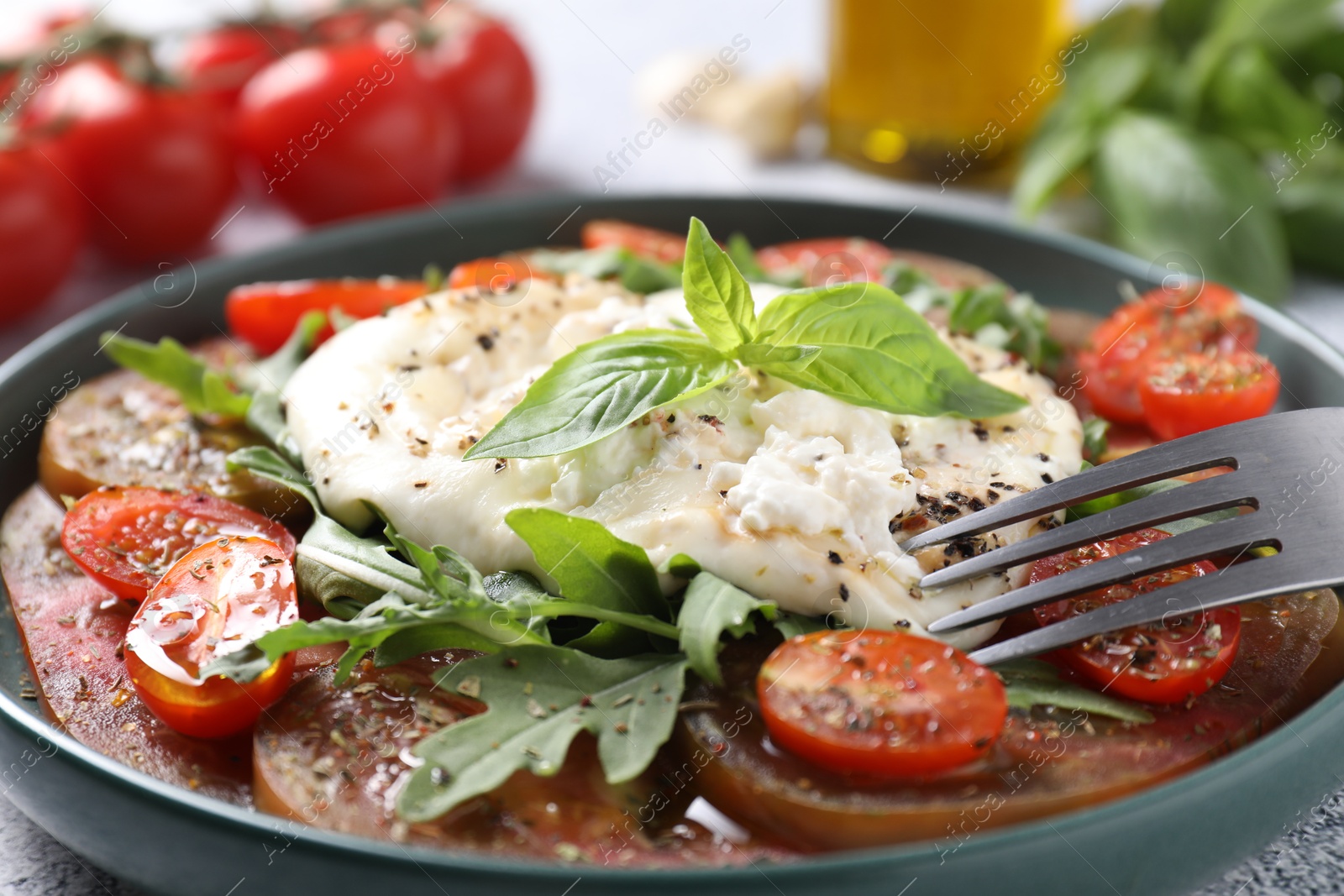 Photo of Delicious fresh burrata salad in bowl served on table, closeup