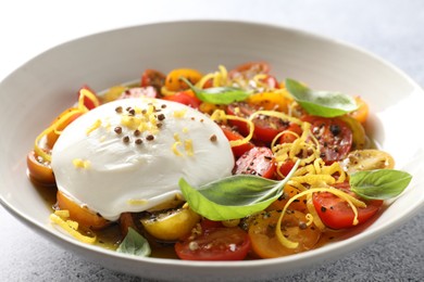 Delicious fresh burrata salad in bowl on light gray table, closeup