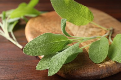 Photo of Green sage leaves on wooden table, closeup