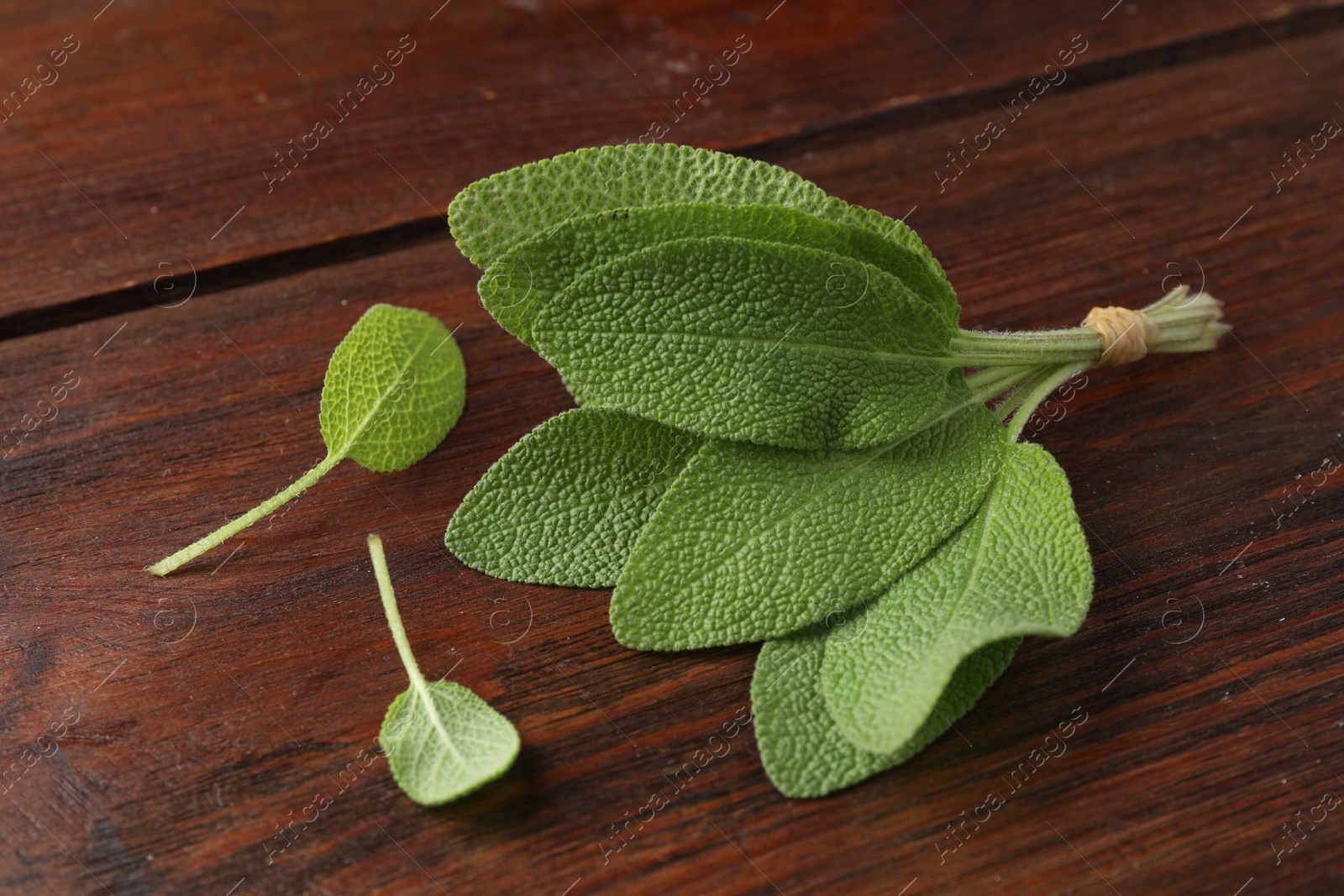 Photo of Bunch of green sage leaves on wooden table, closeup