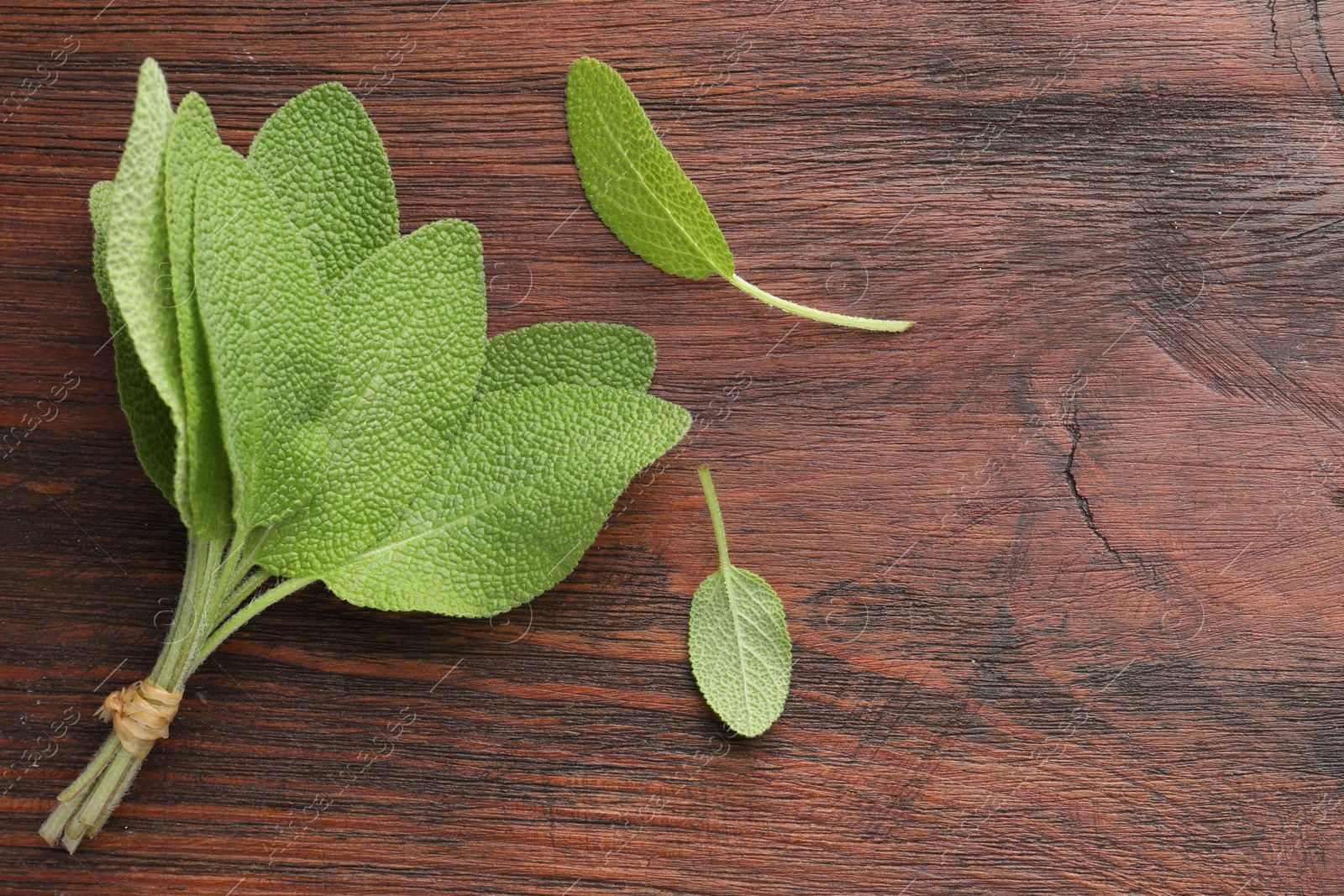 Photo of Bunch of green sage leaves on wooden table, top view. Space for text