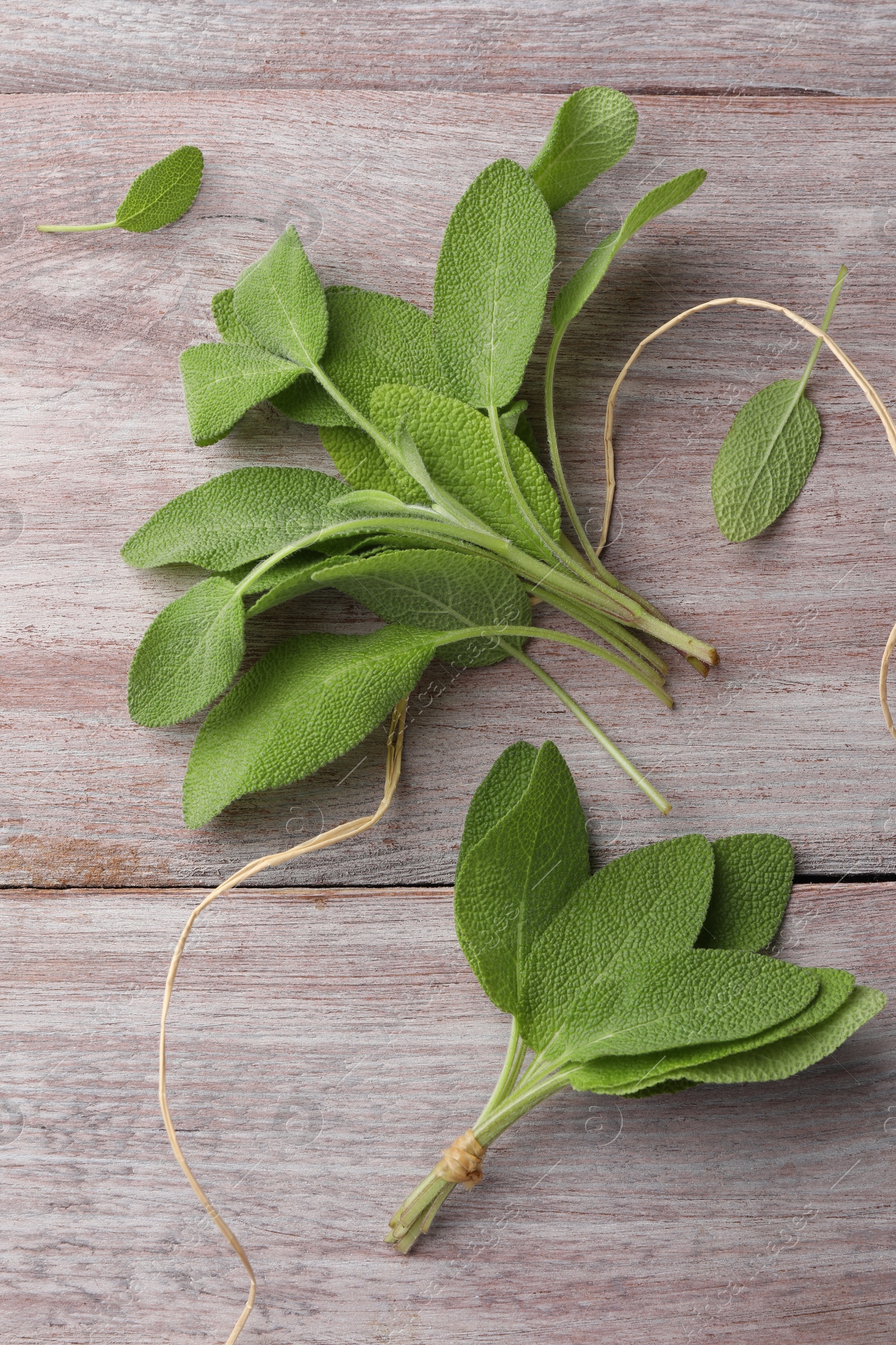 Photo of Green sage leaves on color wooden table, flat lay