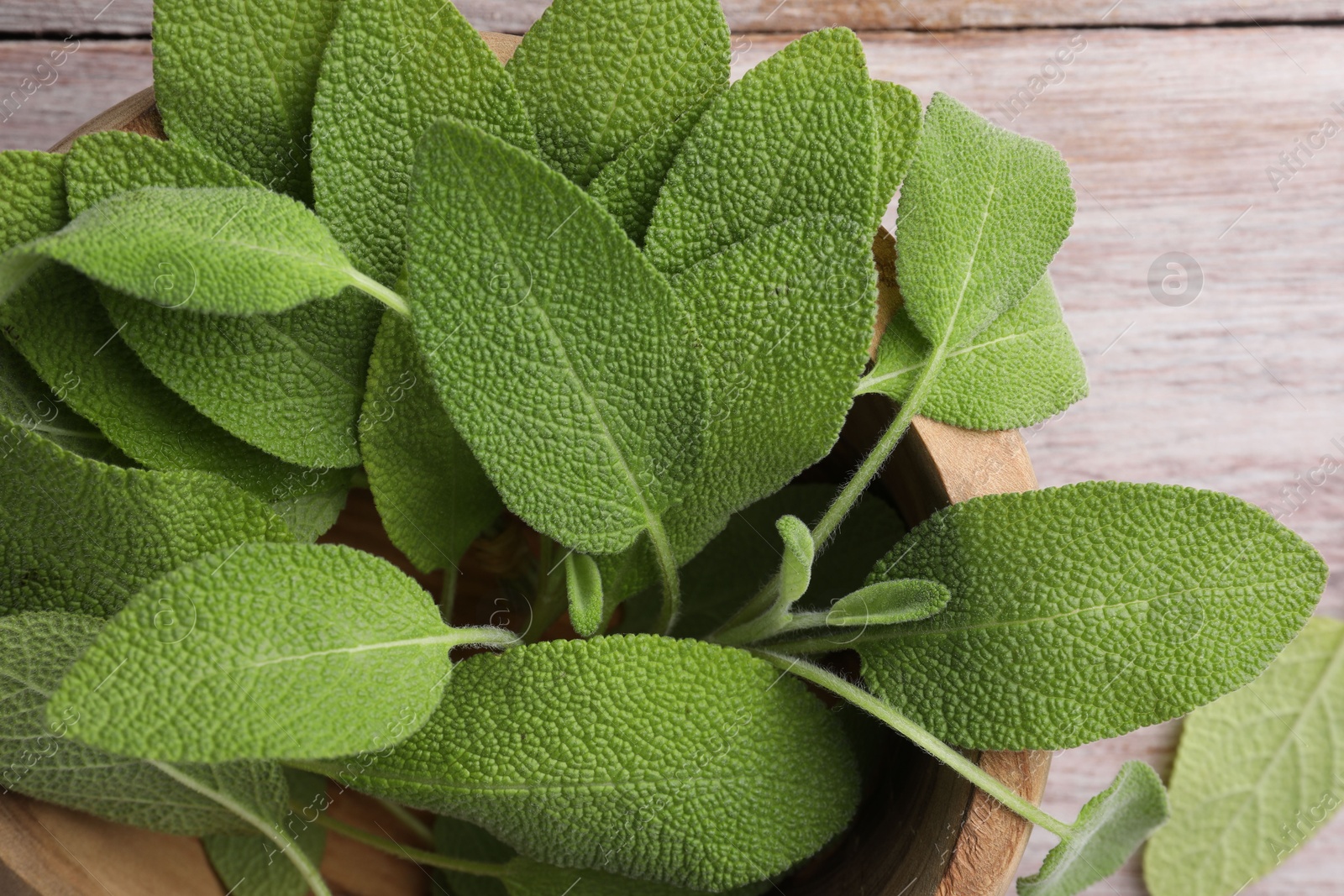 Photo of Green sage leaves in bowl on color wooden table, top view