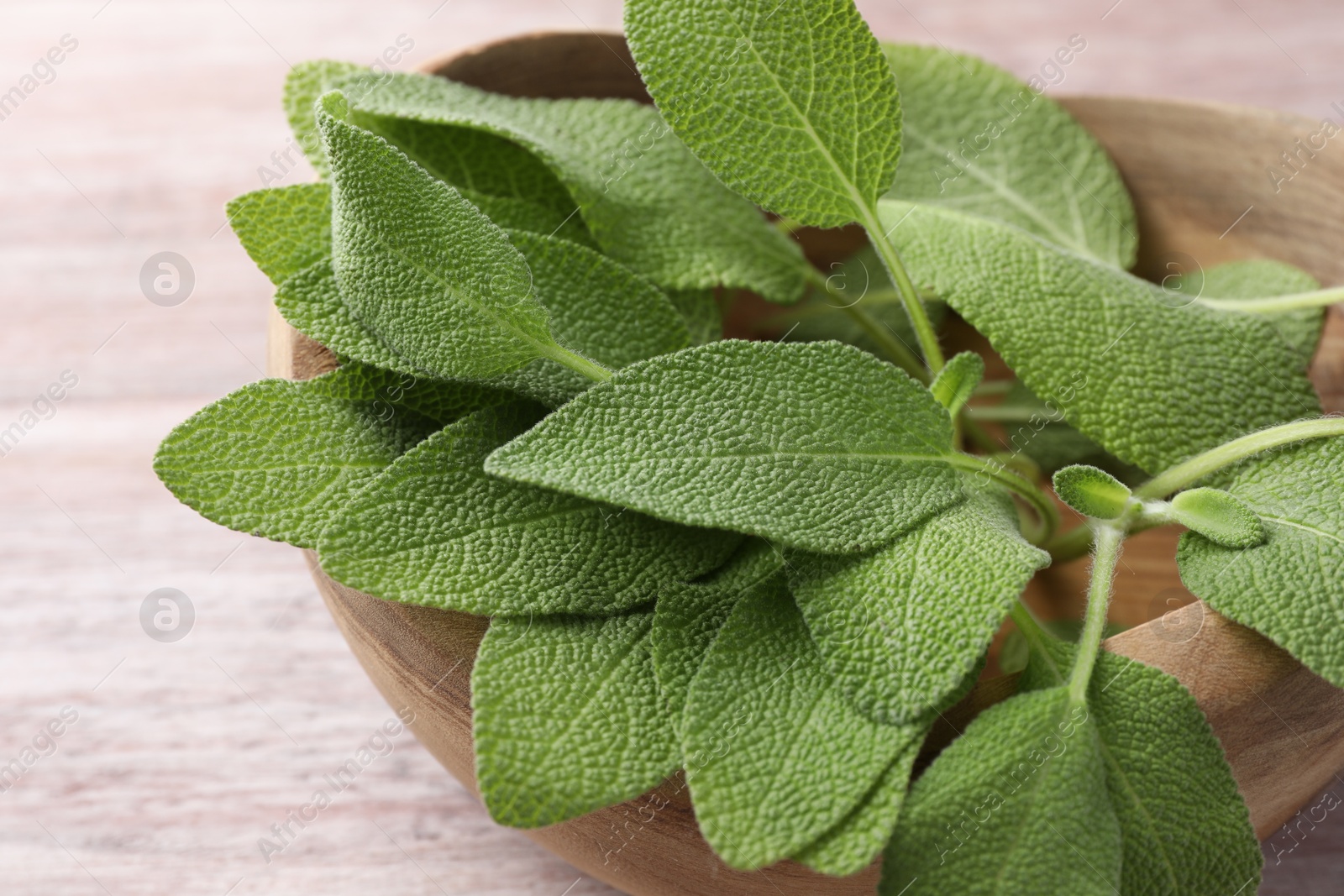 Photo of Green sage leaves in bowl on color wooden table, closeup