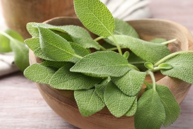 Photo of Green sage leaves in bowl on color table, closeup