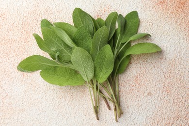 Photo of Green sage leaves on color textured table, top view