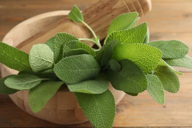 Photo of Green sage leaves and pestle in mortar on wooden table, closeup