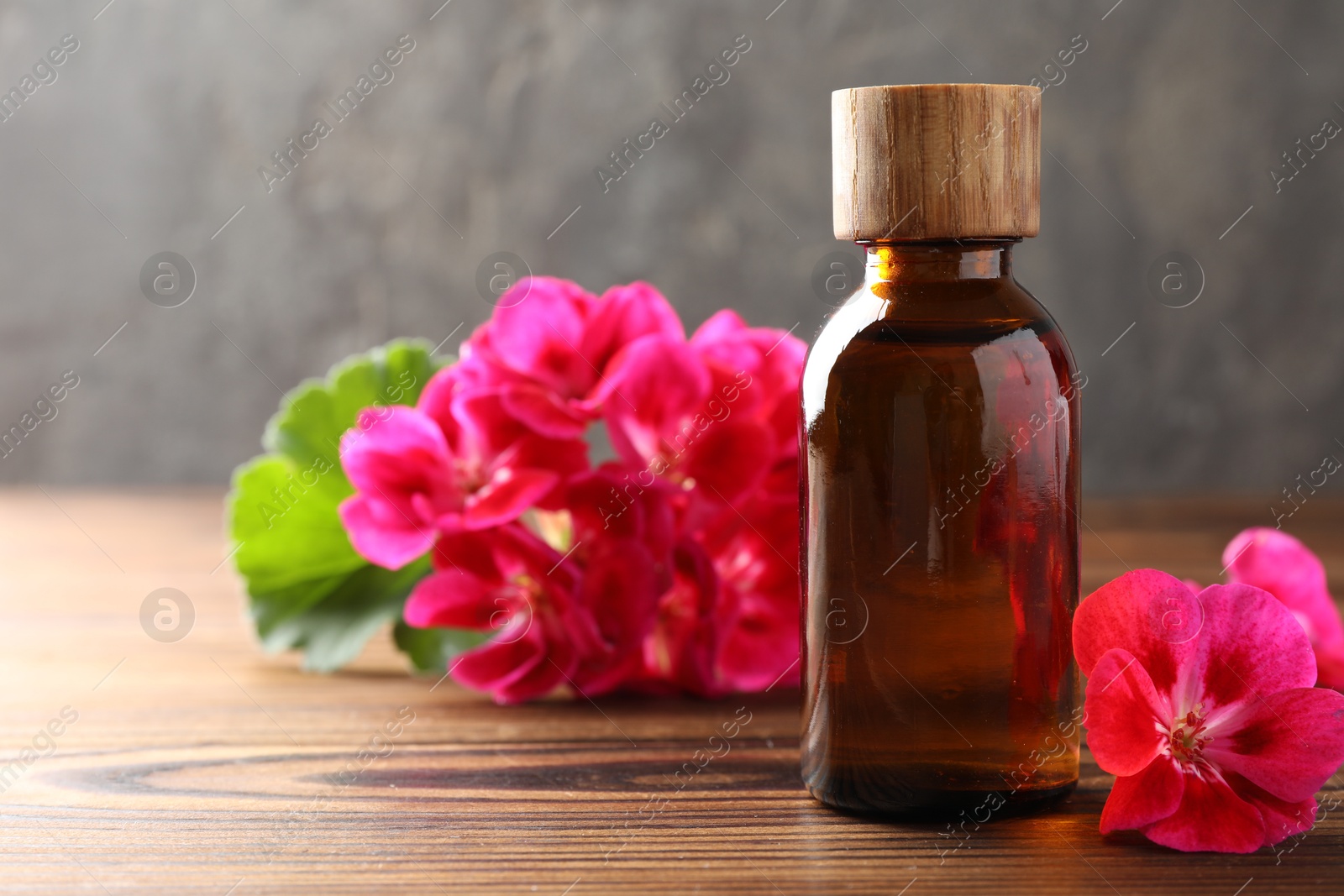 Photo of Geranium essential oil in bottle and beautiful flowers on wooden table