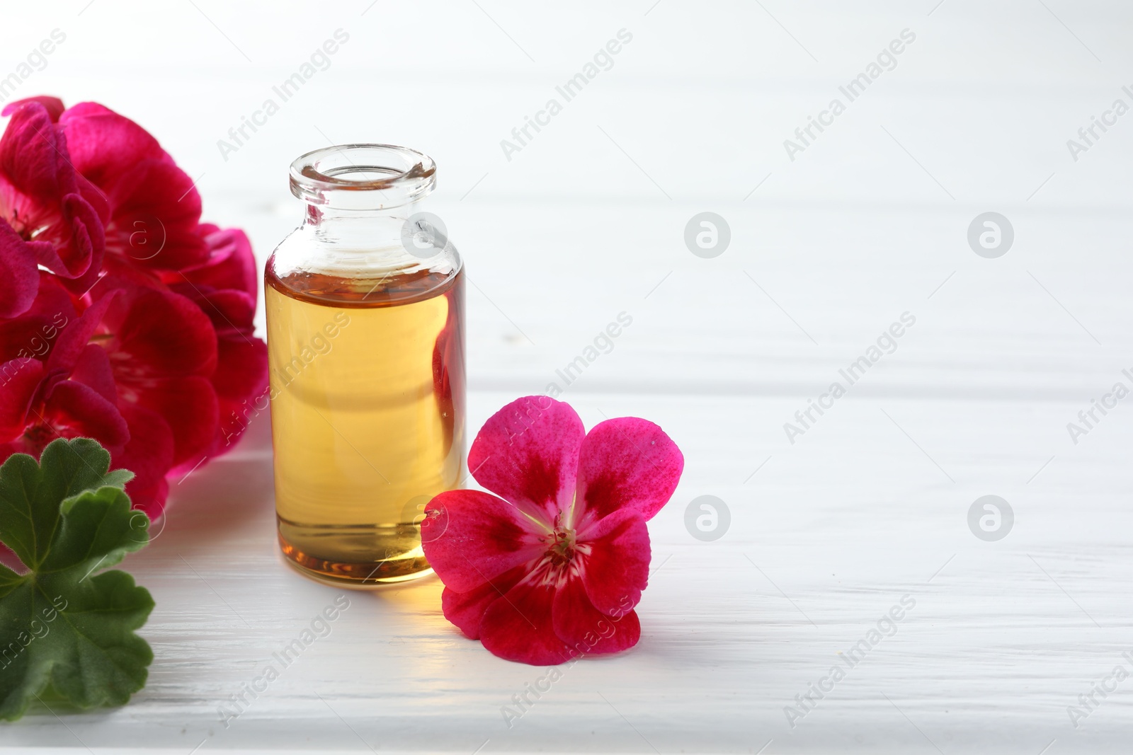 Photo of Bottle of geranium essential oil and beautiful flowers on white wooden table. Space for text