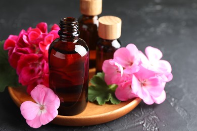 Photo of Bottles of geranium essential oil and beautiful flowers on black table, closeup