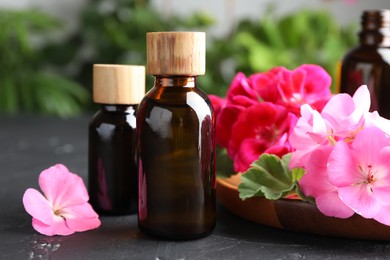 Photo of Bottles of geranium essential oil and beautiful flowers on black table, closeup