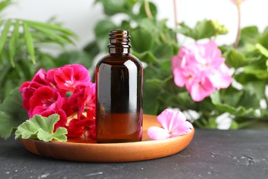 Photo of Bottles of geranium essential oil and beautiful flowers on black table, closeup