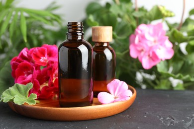 Photo of Bottles of geranium essential oil and beautiful flowers on black table, closeup