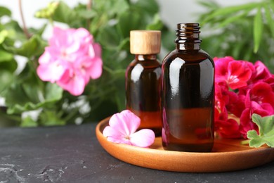 Photo of Bottles of geranium essential oil and beautiful flowers on black table, closeup. Space for text