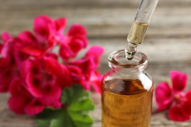 Photo of Geranium essential oil dripping from pipette into bottle on table, closeup