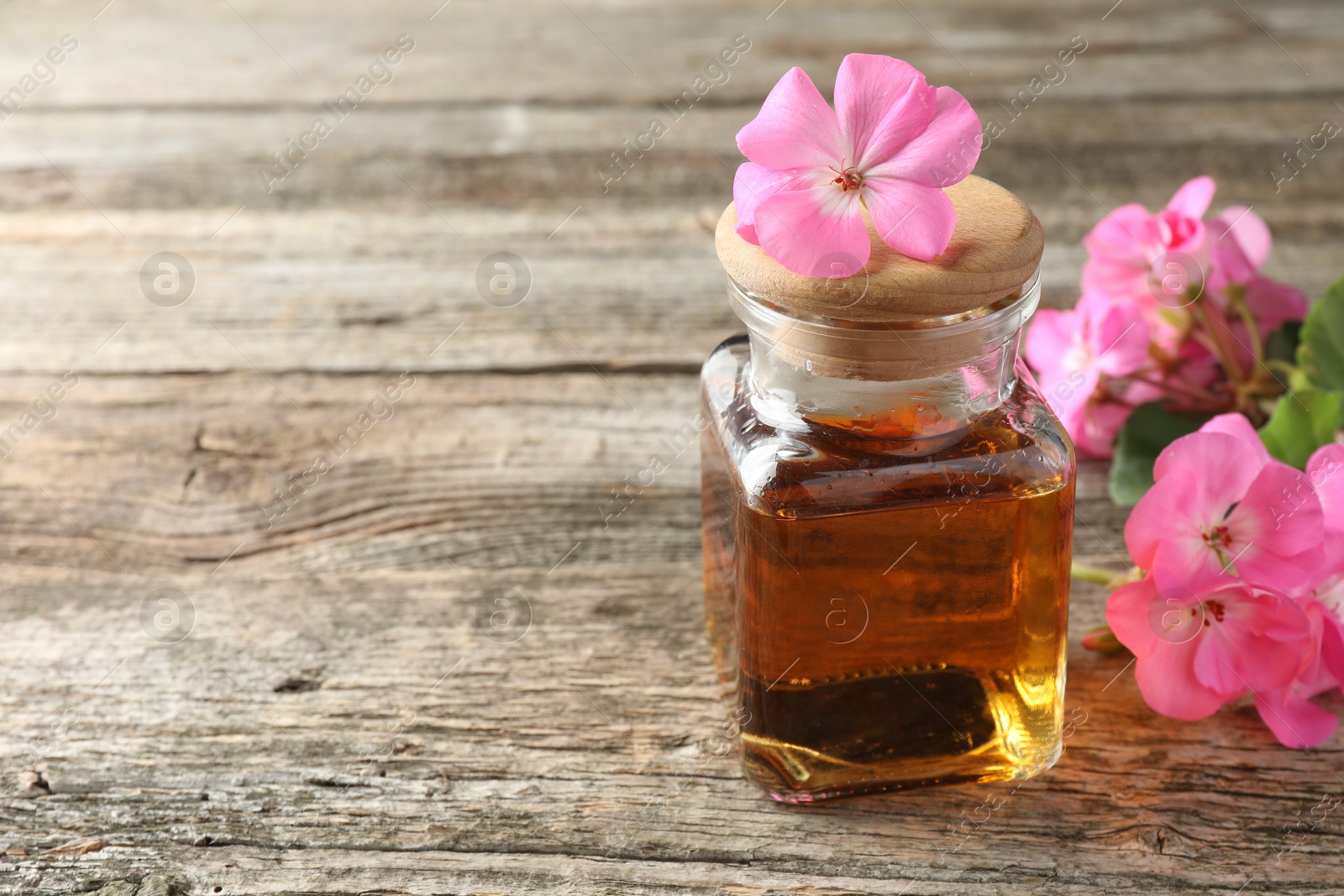 Photo of Bottle of geranium essential oil and beautiful flowers on wooden table, closeup. Space for text