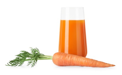 Photo of Healthy carrot juice in glass and fresh vegetable isolated on white