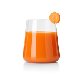 Photo of Healthy carrot juice in glass and fresh vegetable isolated on white