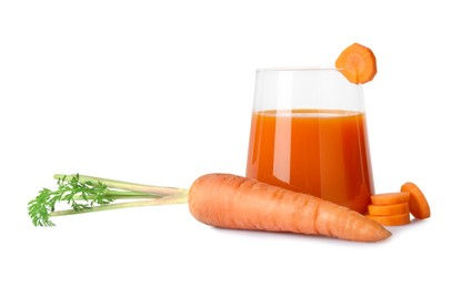 Healthy carrot juice in glass and fresh vegetables isolated on white