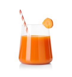 Photo of Healthy carrot juice in glass and fresh vegetable isolated on white