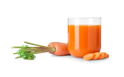 Healthy carrot juice in glass and fresh vegetables isolated on white