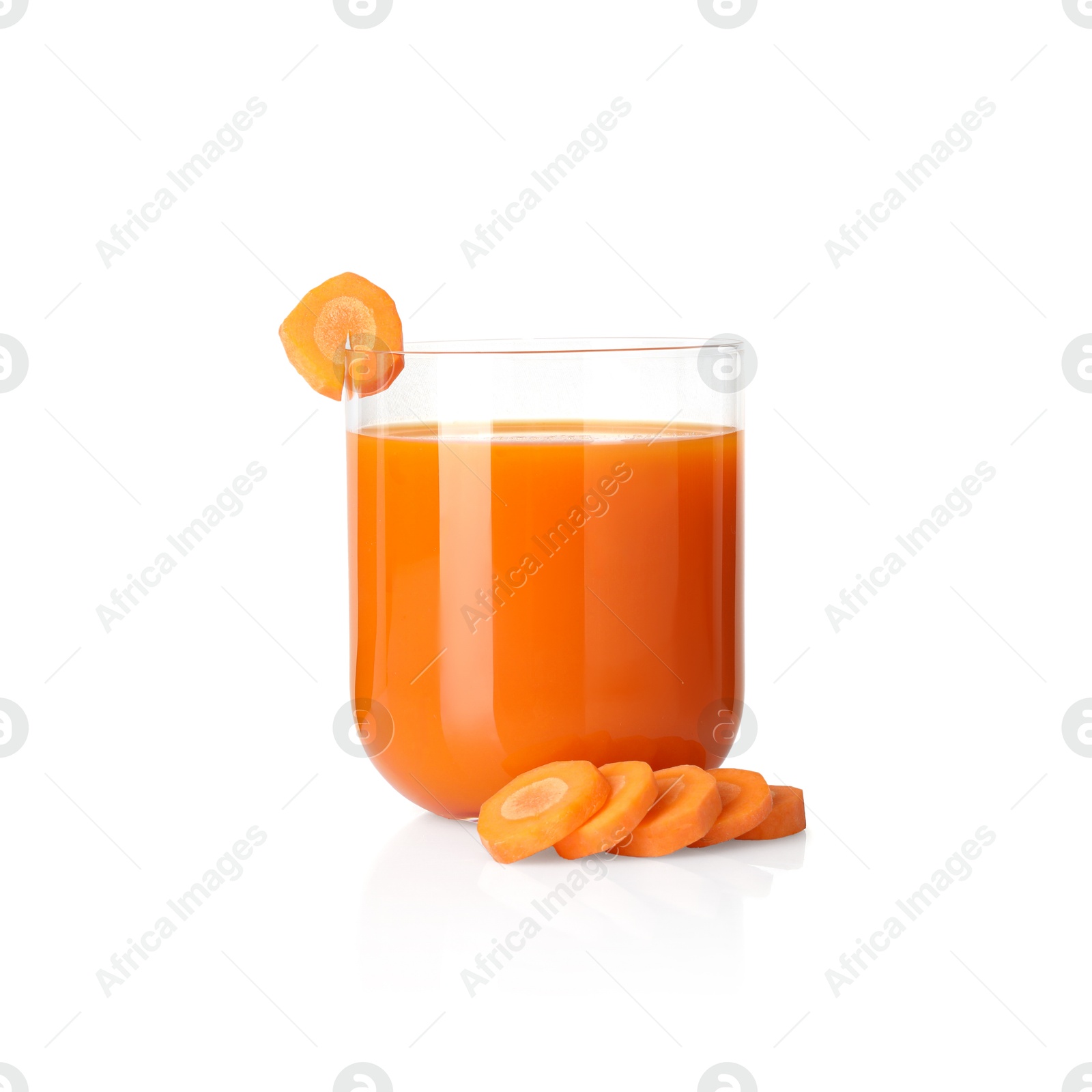 Photo of Healthy carrot juice in glass and fresh vegetable isolated on white