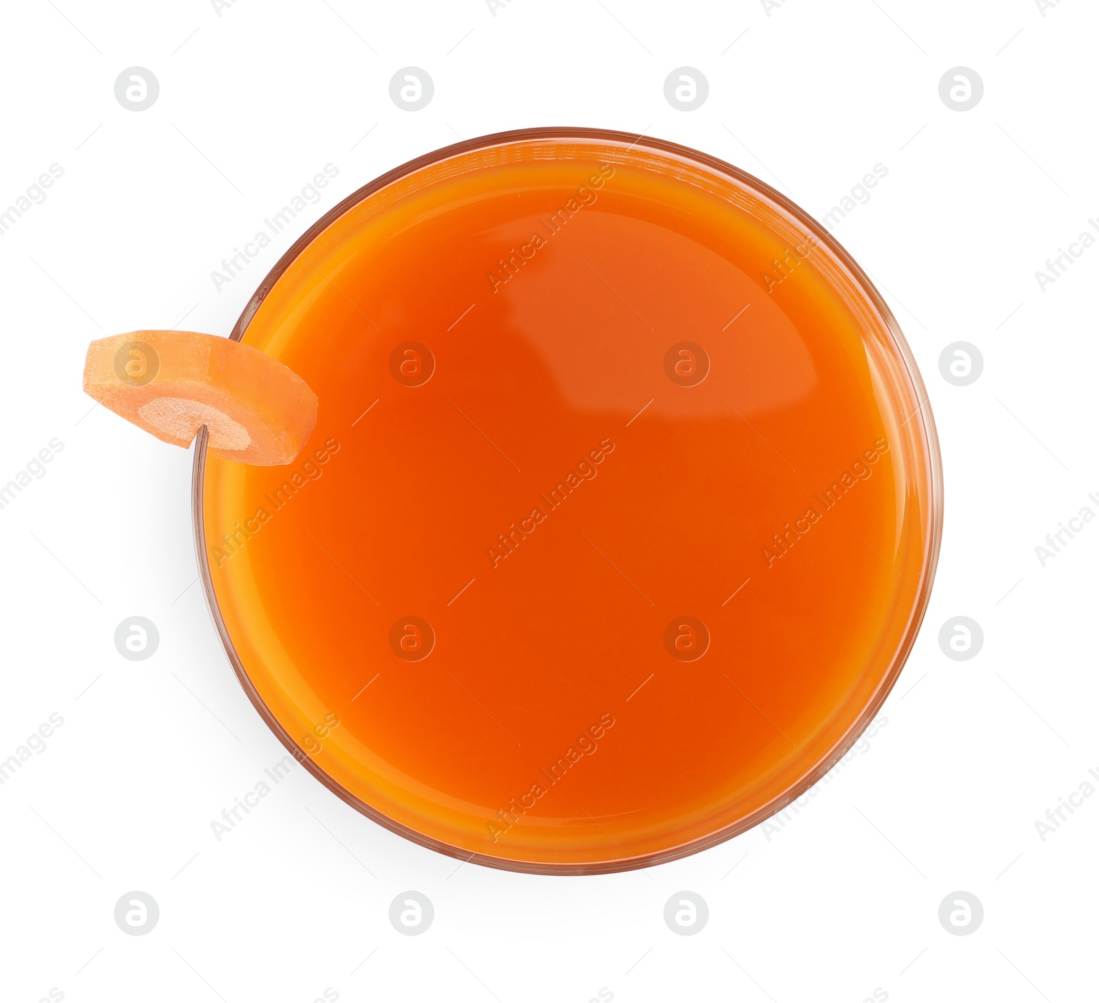 Photo of Healthy carrot juice in glass and fresh vegetable isolated on white, top view